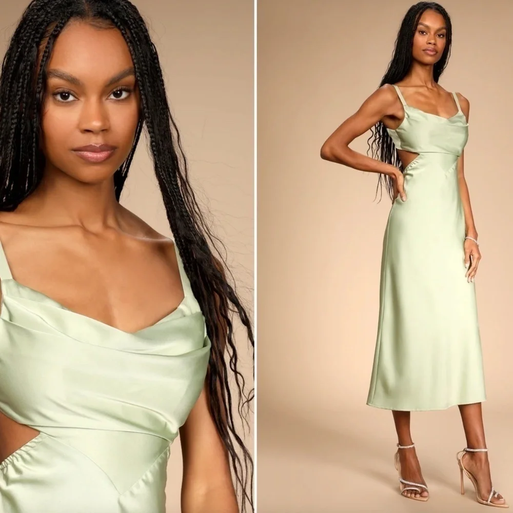 LULU's Prom Wedding Bridesmaid Sexy Satin Asymmetrical Elegant Midi Dress - Picture 4 of 4